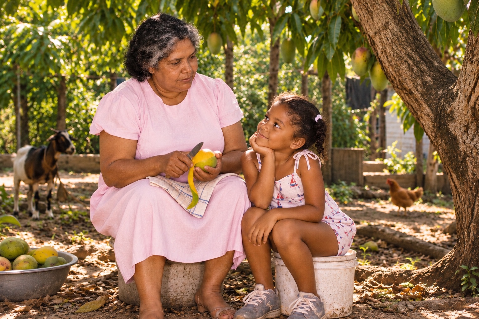 Granny Ivy peeling a mango while sitting beneath a mango tree with young Shelly-Ann in their backyard.