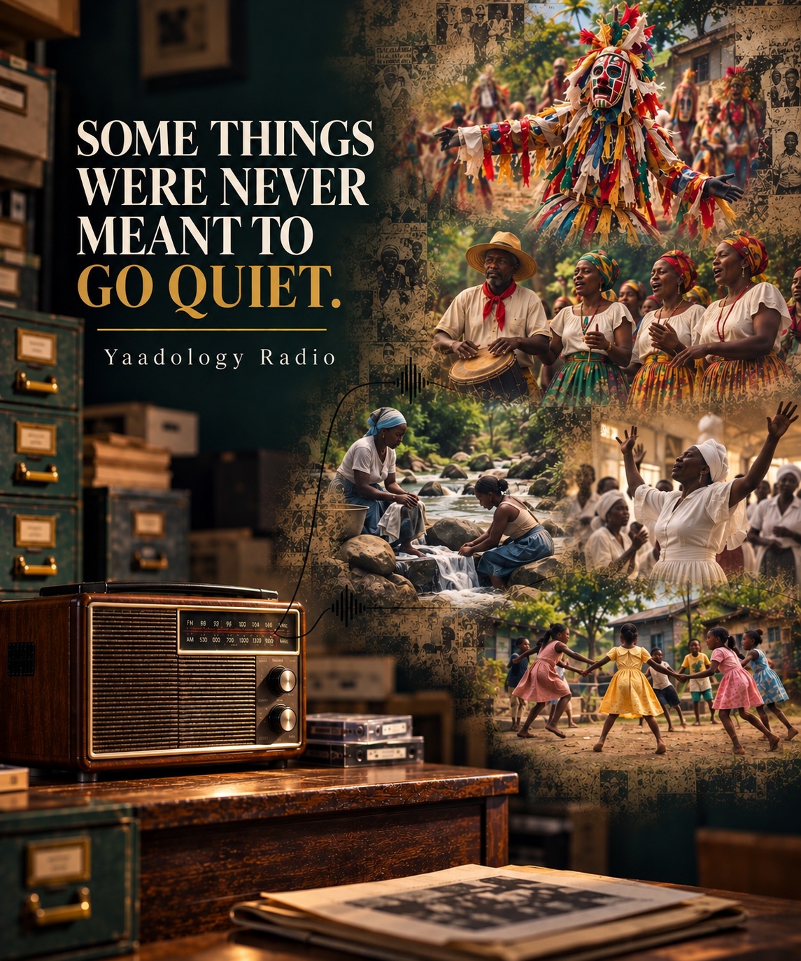 Yaadology Radio teaser featuring an archival radio alongside scenes of Jamaican cultural traditions, community life and childhood play, with the words ‘Some Things Were Never Meant to Go Quiet.’